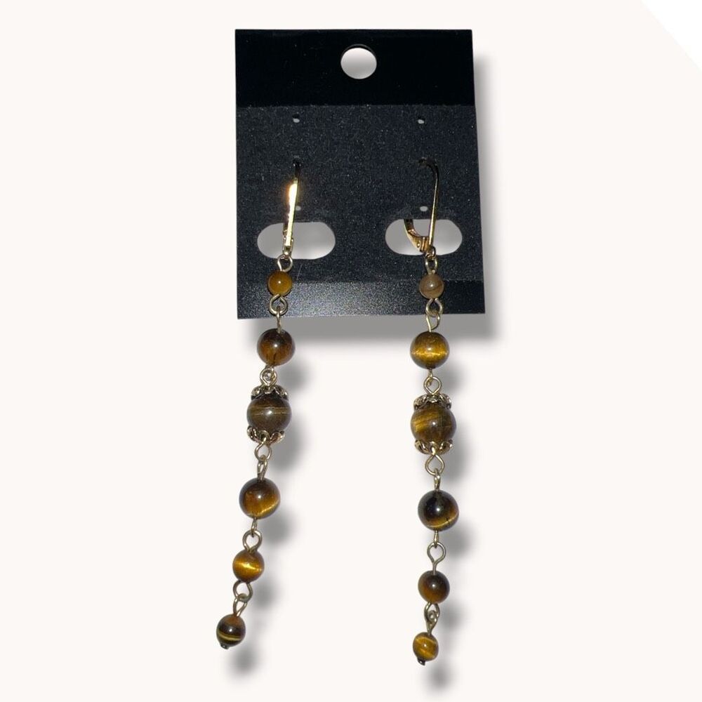 Tiger Eye Beaded Dangle Earrings Gold Tone Boho Artisan Brown - Picture 3 of 5